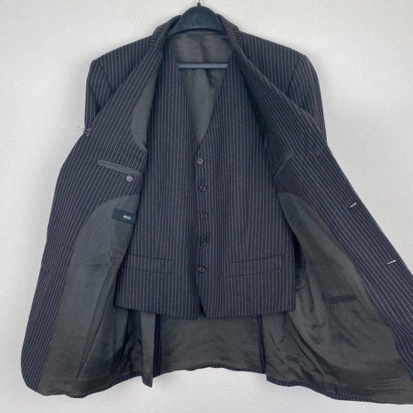 Hugo Boss 42R 100% Wool Sport COAT + VEST Blazer Jacket Striped 3Button Black - Picture 12 of 12